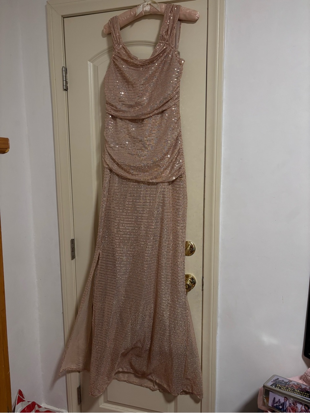 Sequin Draped Evening Gown in Blush Pink - Women Dresses